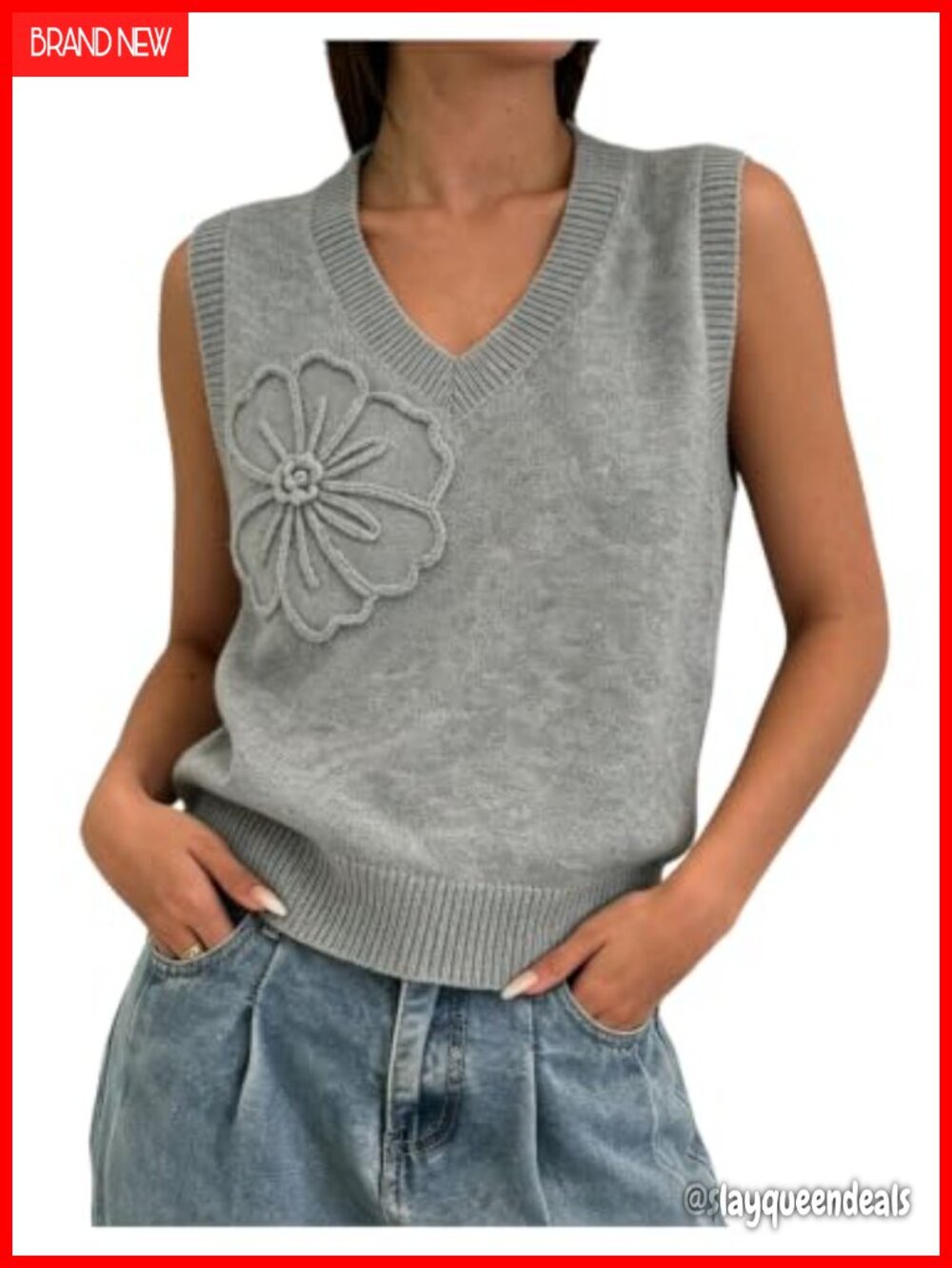 Sleeveless Sweater Vest V Neck 3D Floral Knit Tank Top